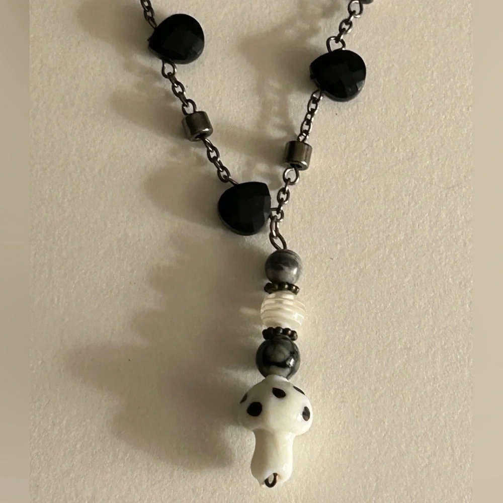 Necklace glass & Agate stone mushroom pendant on 3-strand black faceted beads